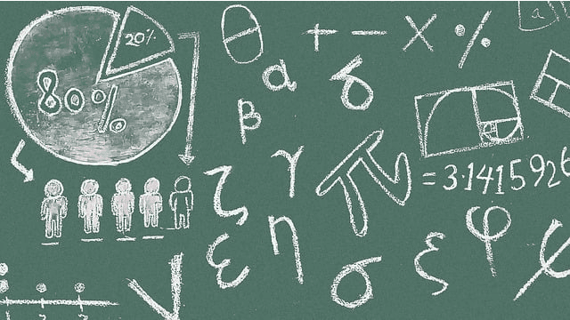 A chalkboard with various sketches including percentages, stick figures, and mathematical symbols.