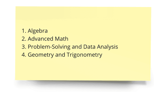 A yellow note listing four math topics: Algebra, Advanced Math, Problem-Solving and Data Analysis, and Geometry and Trigonometry.